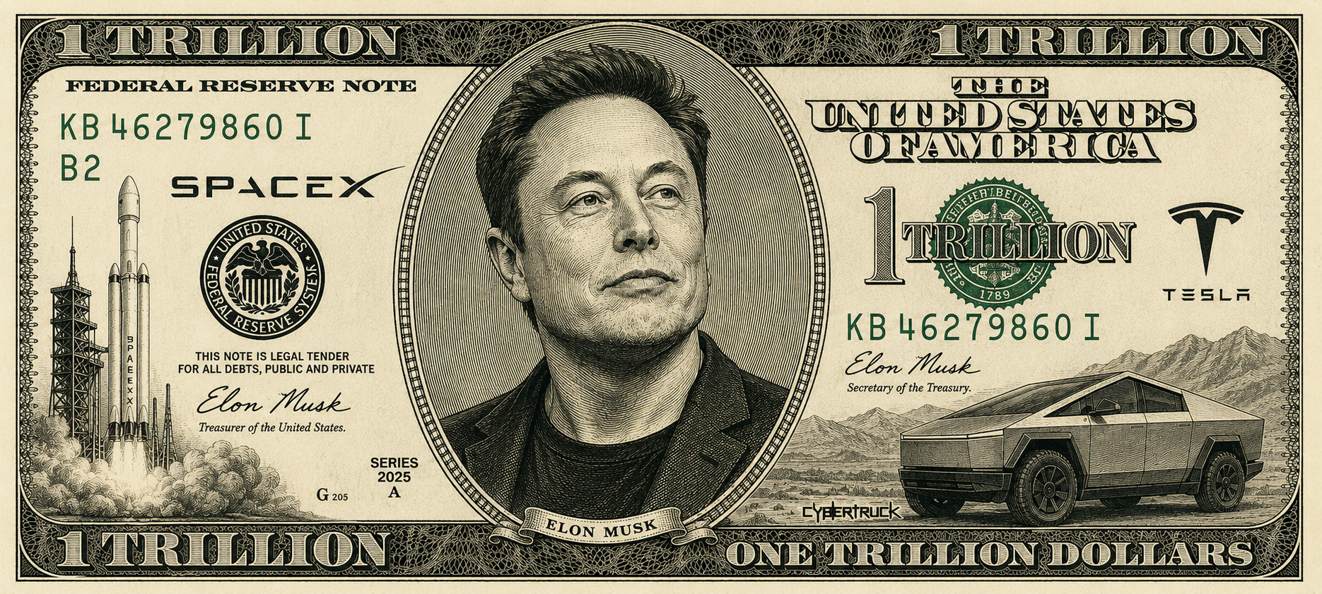 1 Trillion Dollar Federal Reserve Note featuring Elon Musk, SpaceX, Tesla, and Cybertruck